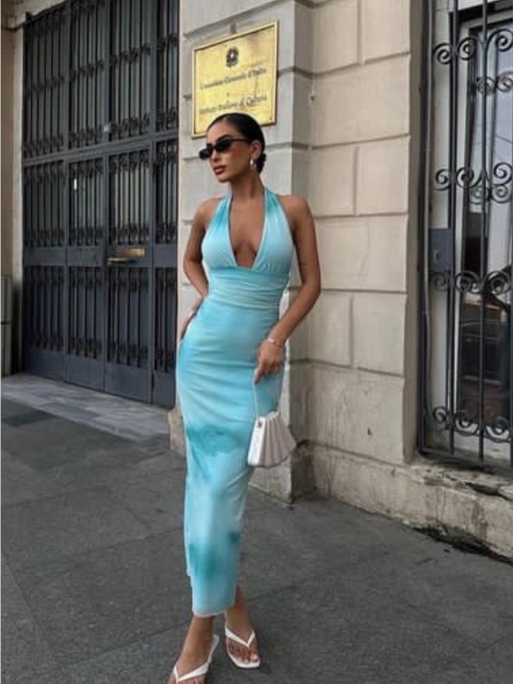 Zara Halter aqua printed tulle halter dress